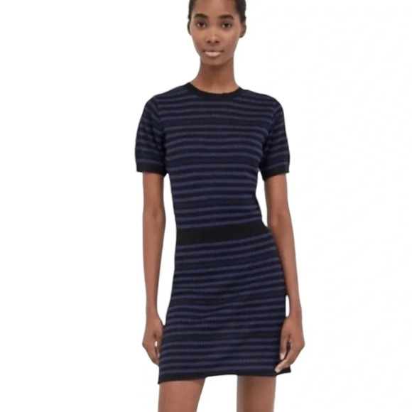 NWOT Zara short sleeve striped sweater dress crew neck metallic scallop  hem - Picture 2 of 6